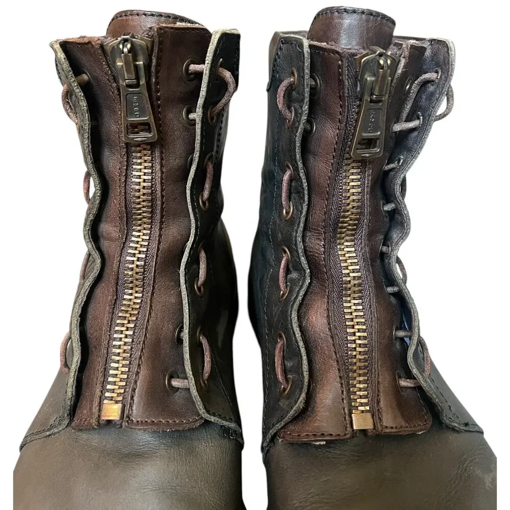 AllSaints Leather Front Zip Military Boots Lampo Distressed EU 46 US 13